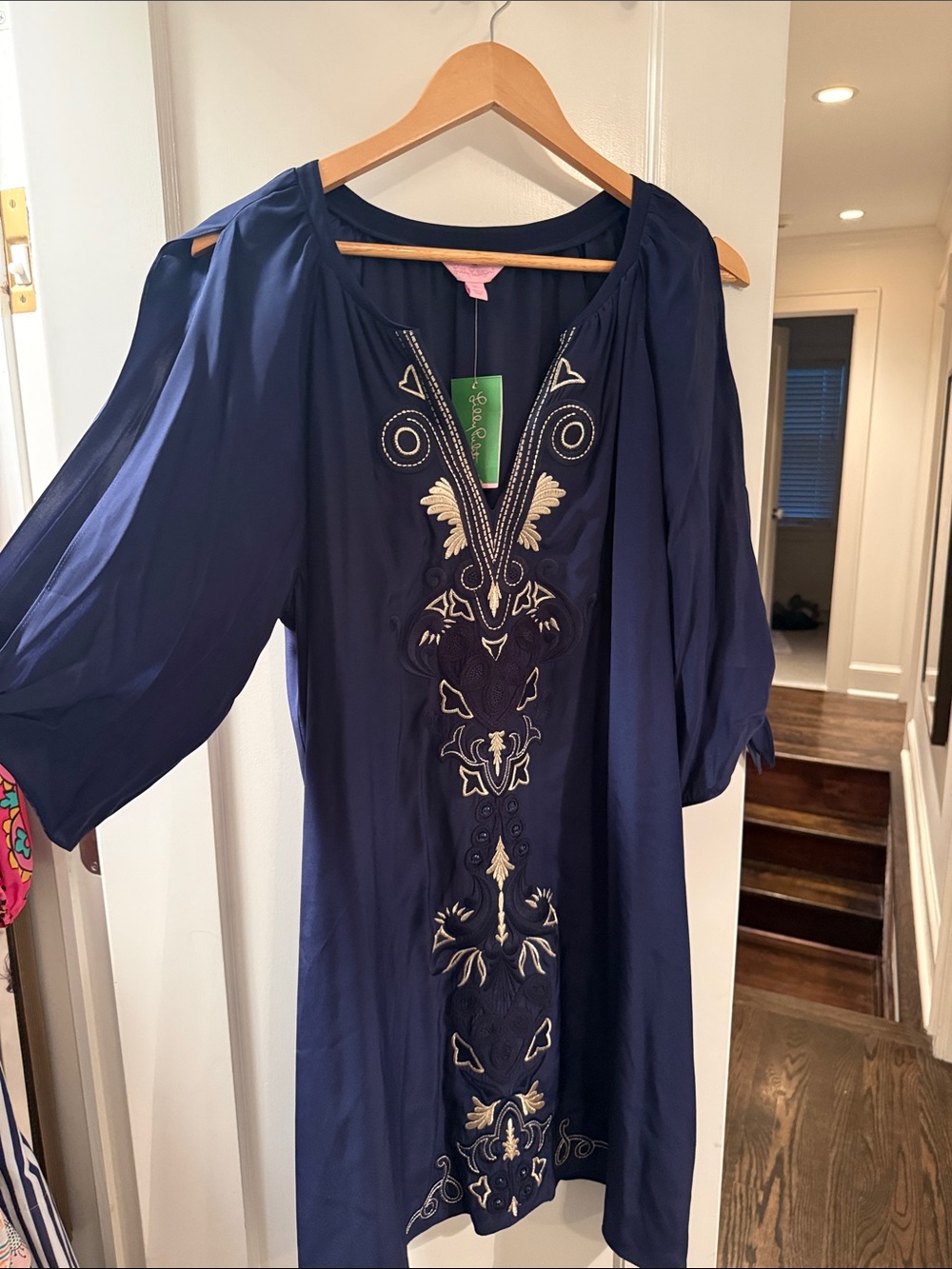 NWT Lilly Pulitzer Embroidered Bryce Silk Navy Cold-Shoulder Women's Dress